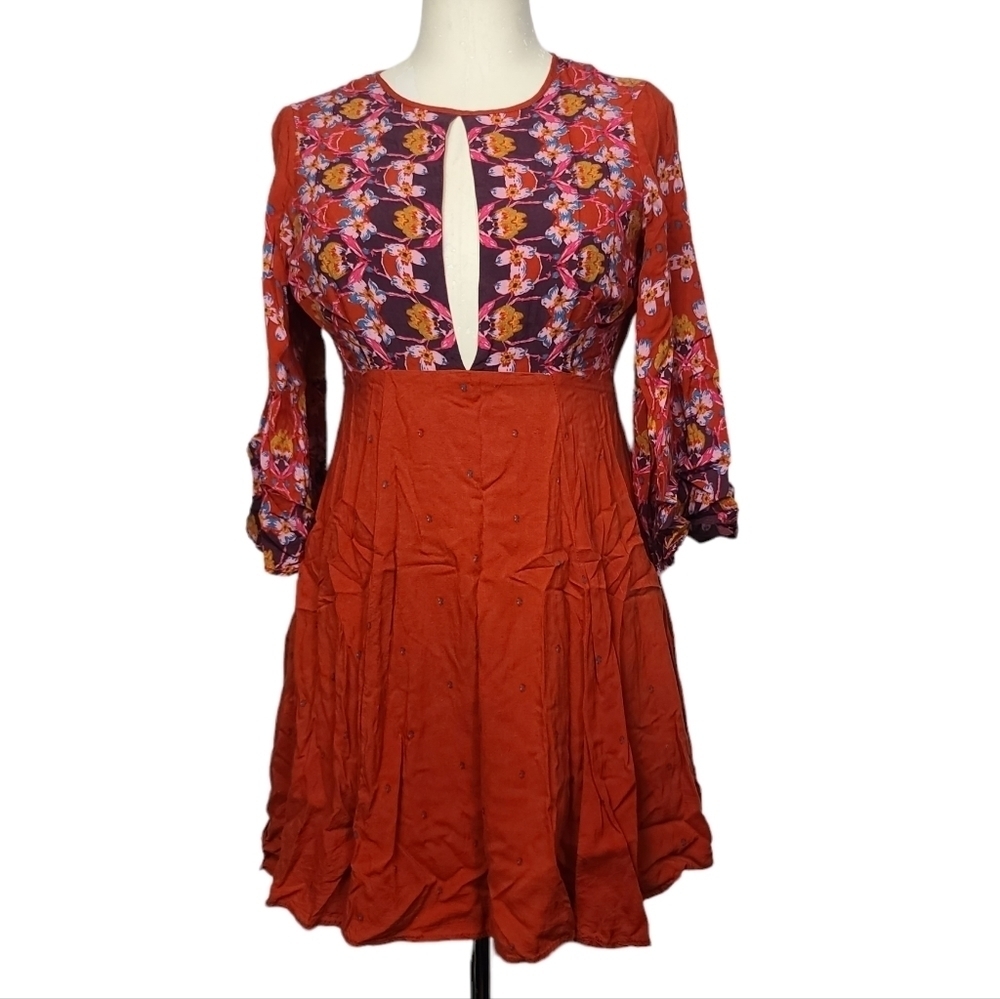 Urban Outfitters Ecote Tyler Split Neck Bell Sleeve Open Back Red Orange Dress S